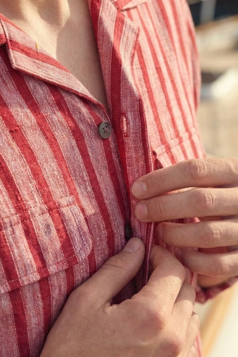 Stripe Red Textured Khadi Cotton Cuban Shirt - Image 3