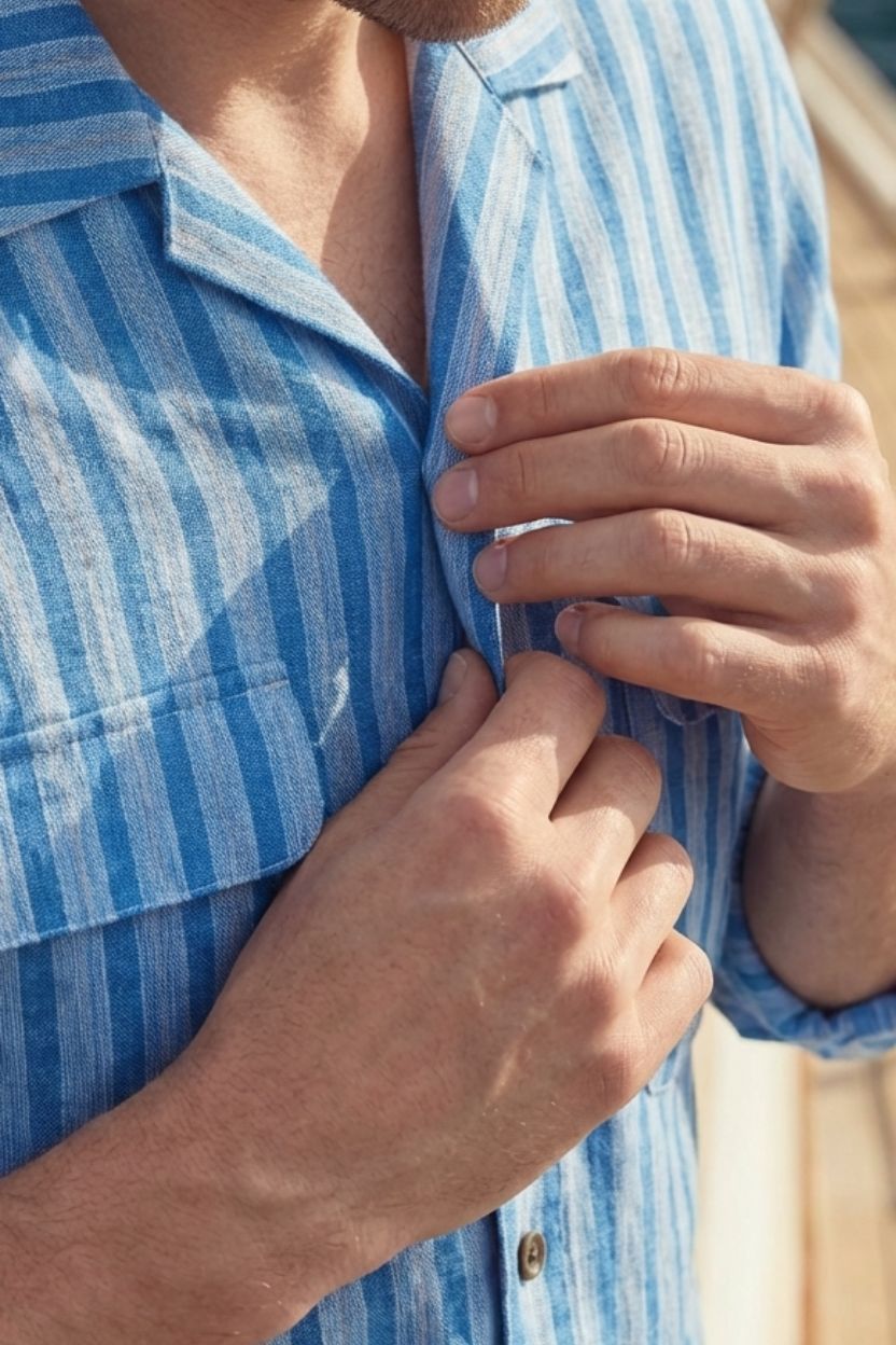 Stripe Blue Textured Khadi Cotton Cuban Shirt - Image 3