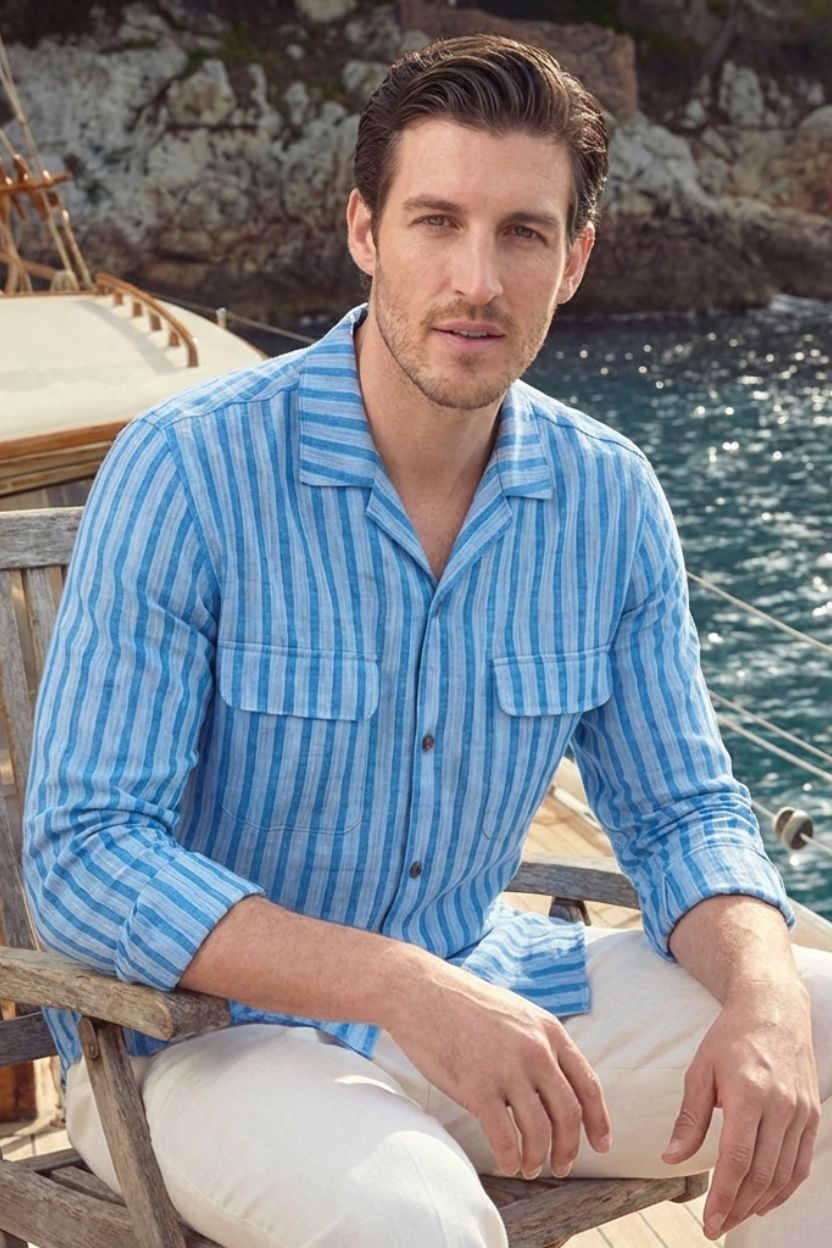 Stripe Blue Textured Khadi Cotton Cuban Shirt