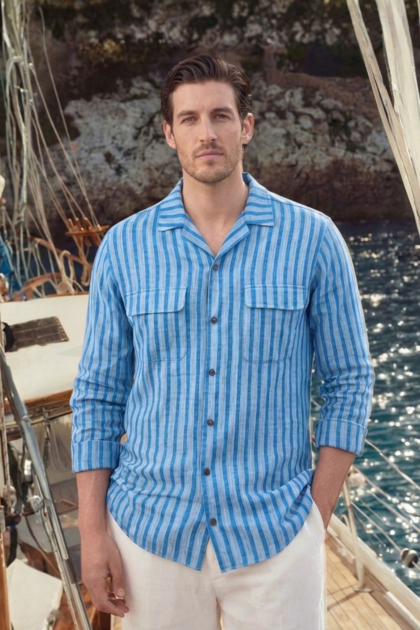 Stripe Blue Textured Khadi Cotton Cuban Shirt - Image 2
