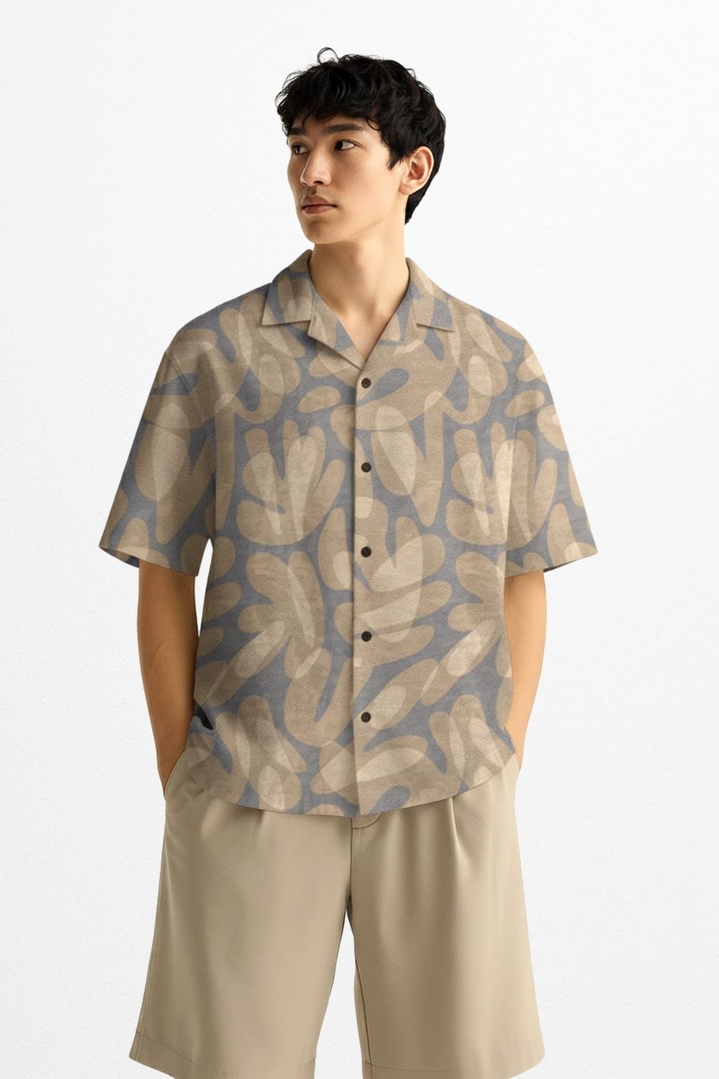 Friday Float Blue and Beige Abstract Cuban Collar Shirt - Image 3