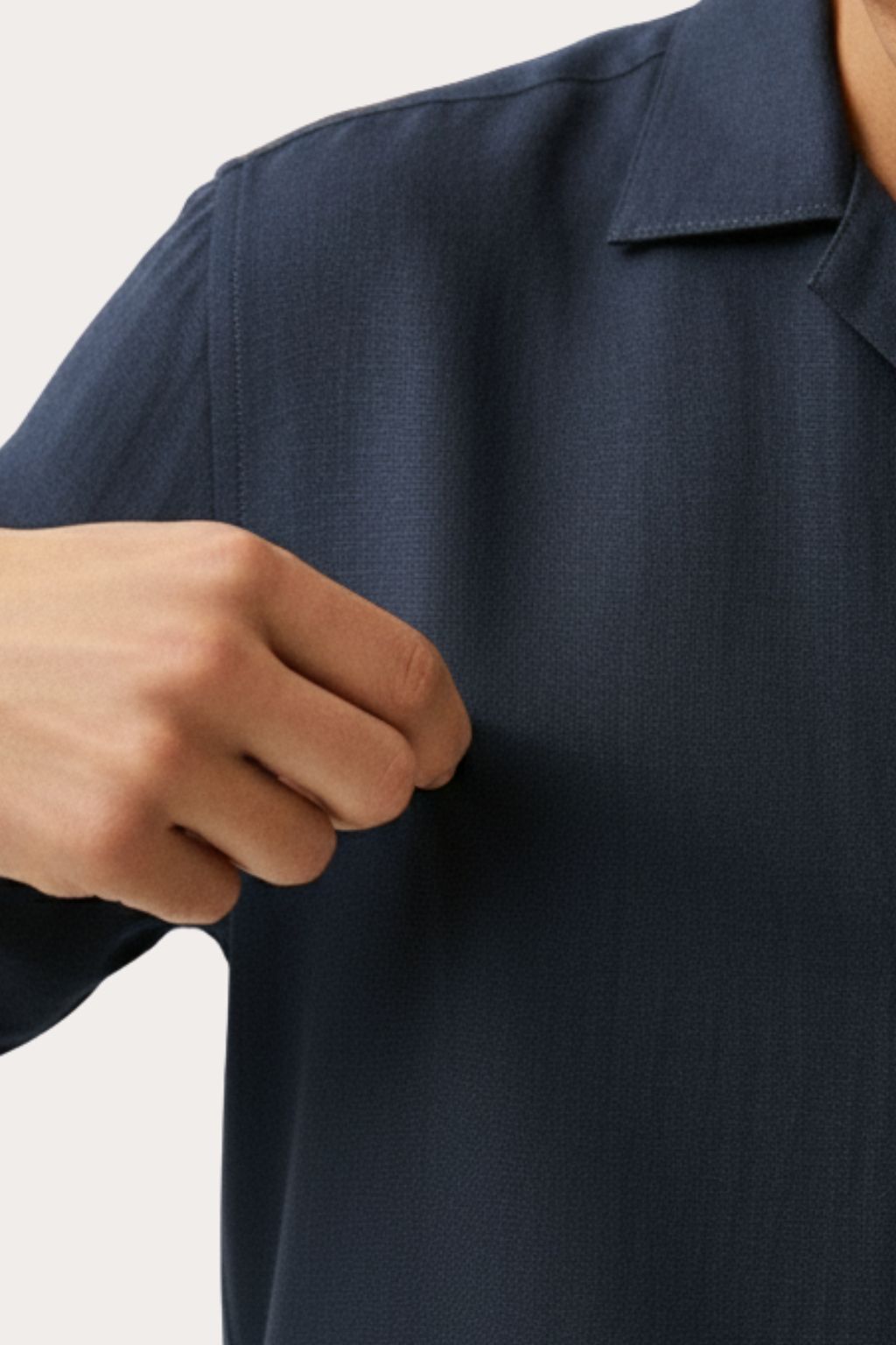 Navy Blue Linen Cuban Collar Shirt - Image 2