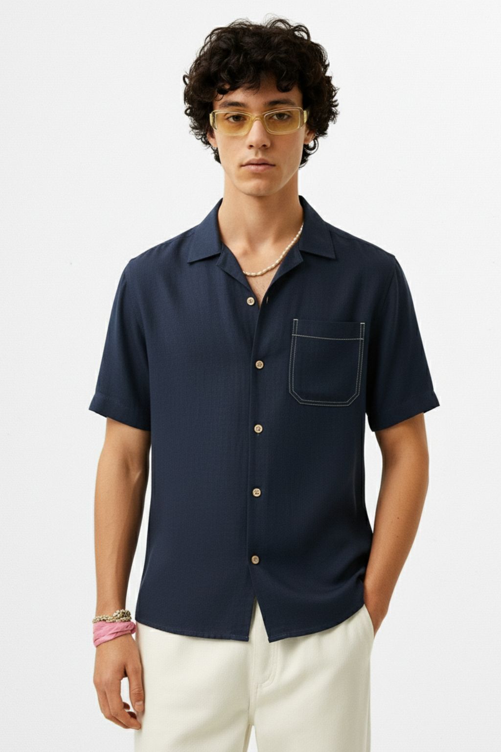 Navy Blue Linen Cuban Collar Shirt - Image 3