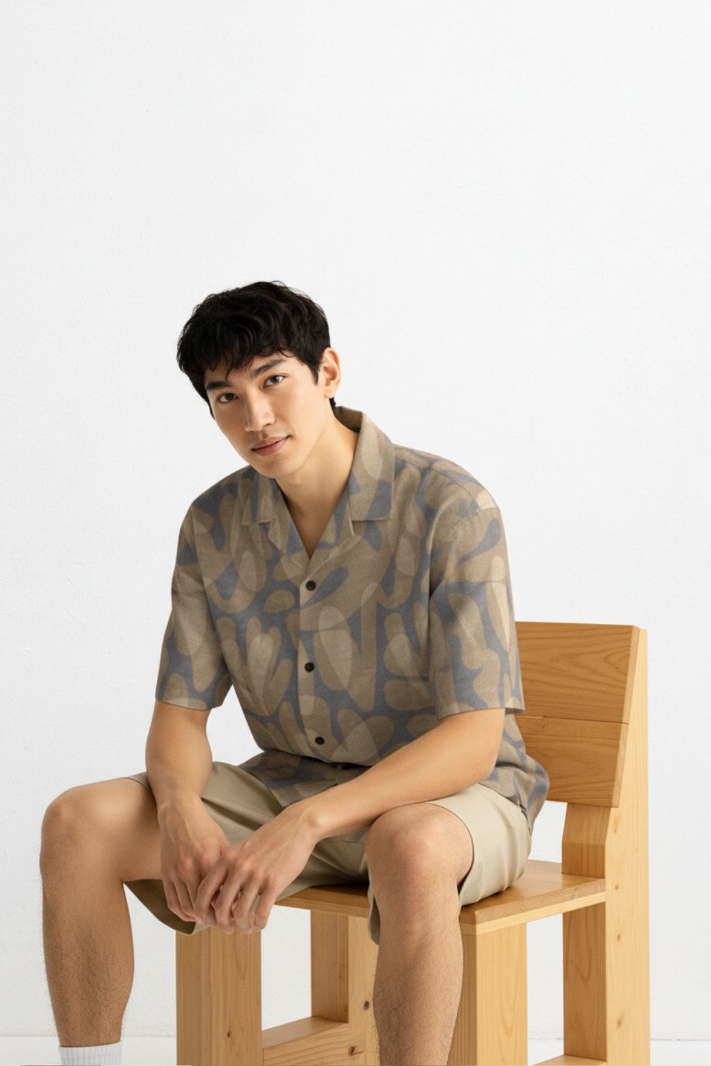 Friday Float Blue and Beige Abstract Cuban Collar Shirt - Image 2