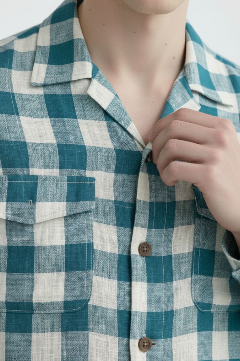 Teal Blue Large Check Cuban Collar Shirt - Image 3