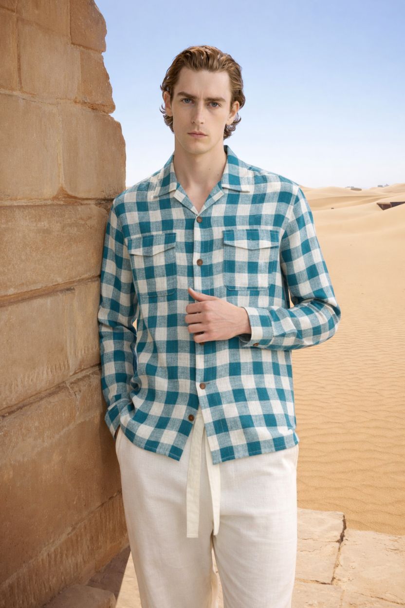 Teal Blue Large Check Cuban Collar Shirt