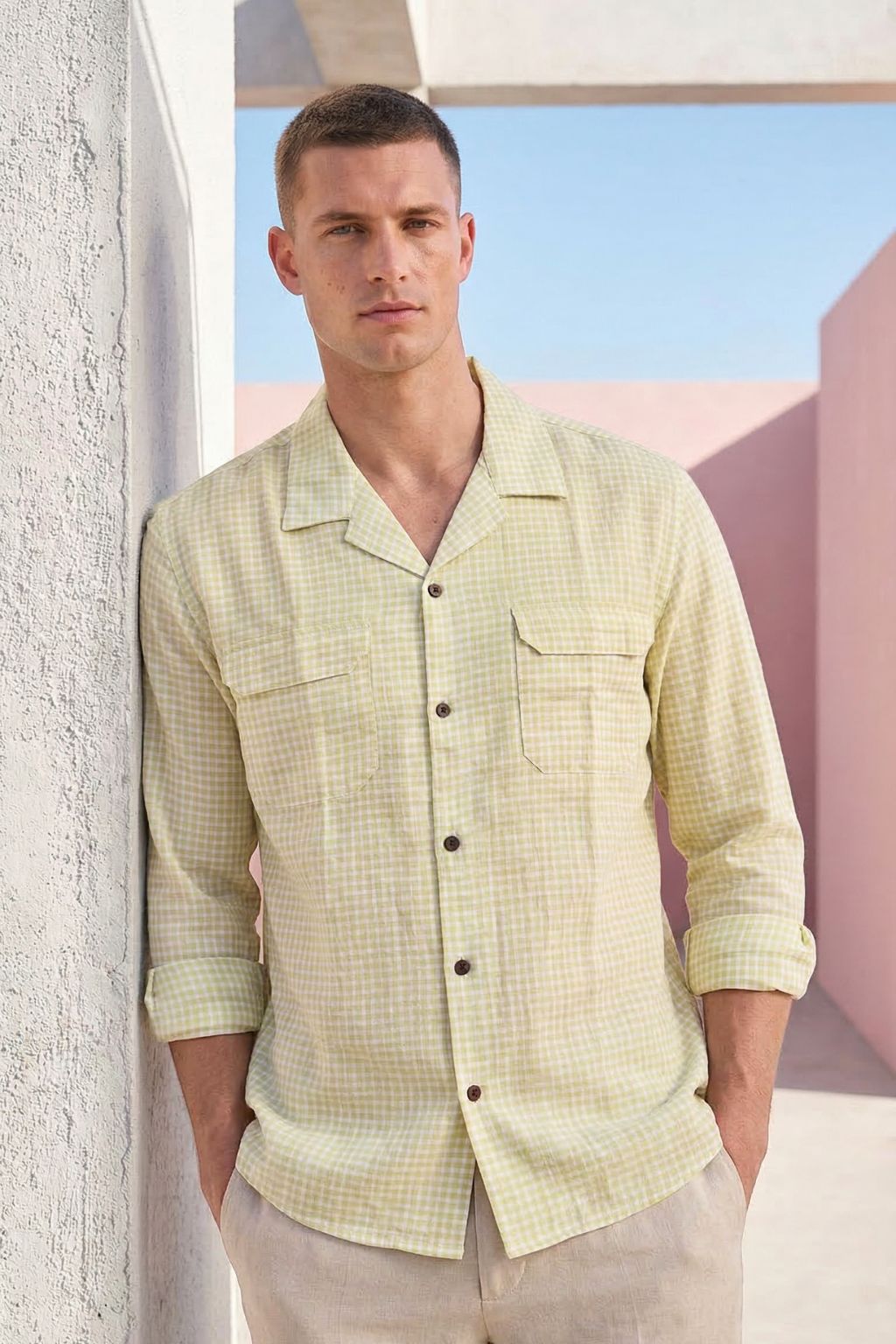 Yellow Mini Gingham Cuban Collar Cotton Shirt for Men