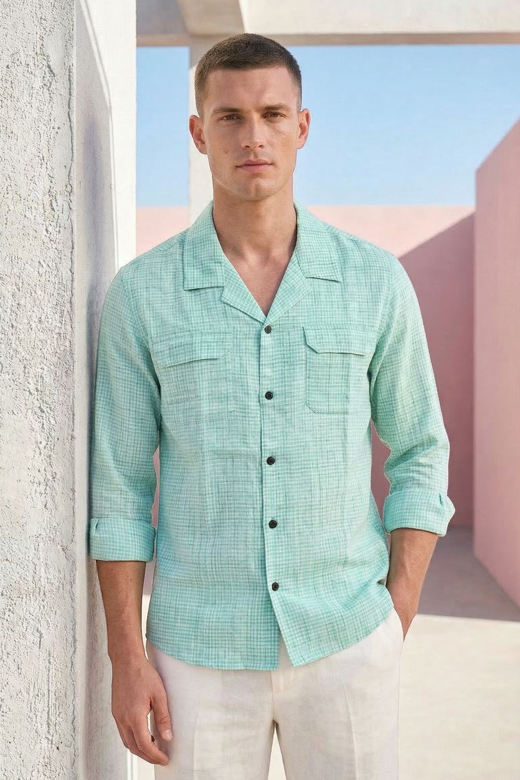 Mint Green Micro Check Cuban Collar Shirt