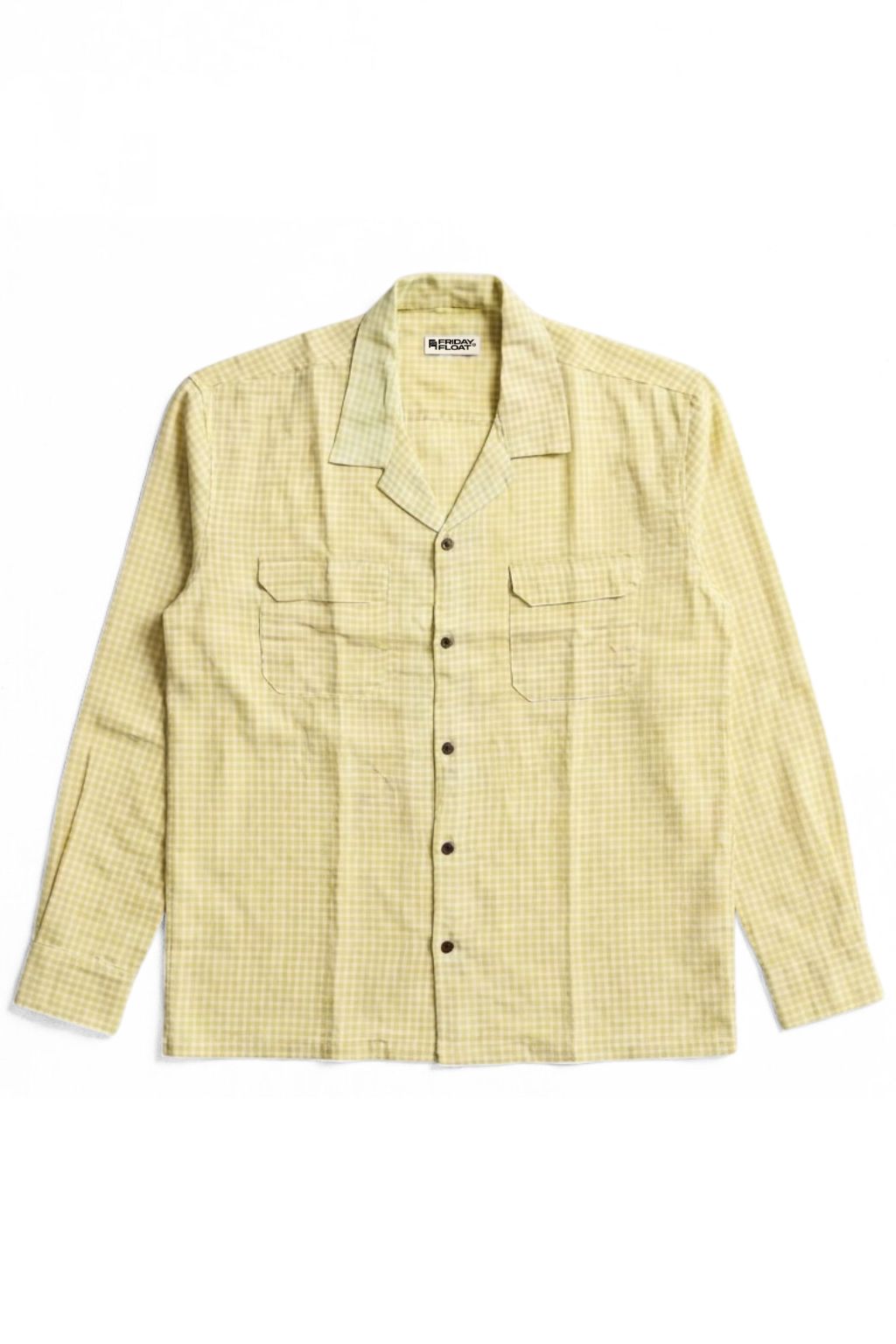 Yellow Mini Gingham Cuban Collar Cotton Shirt for Men - Image 3