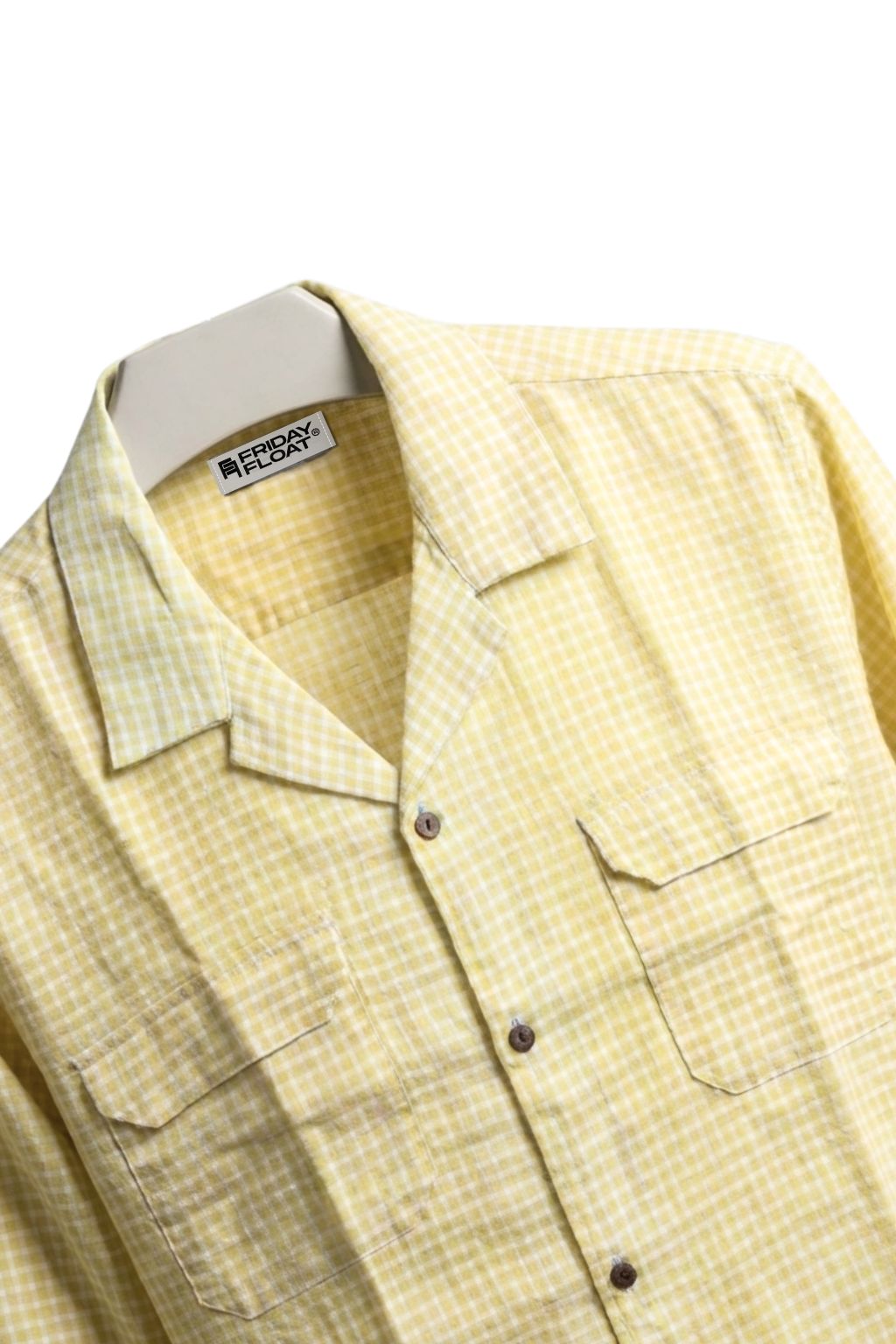 Yellow Mini Gingham Cuban Collar Cotton Shirt for Men - Image 2