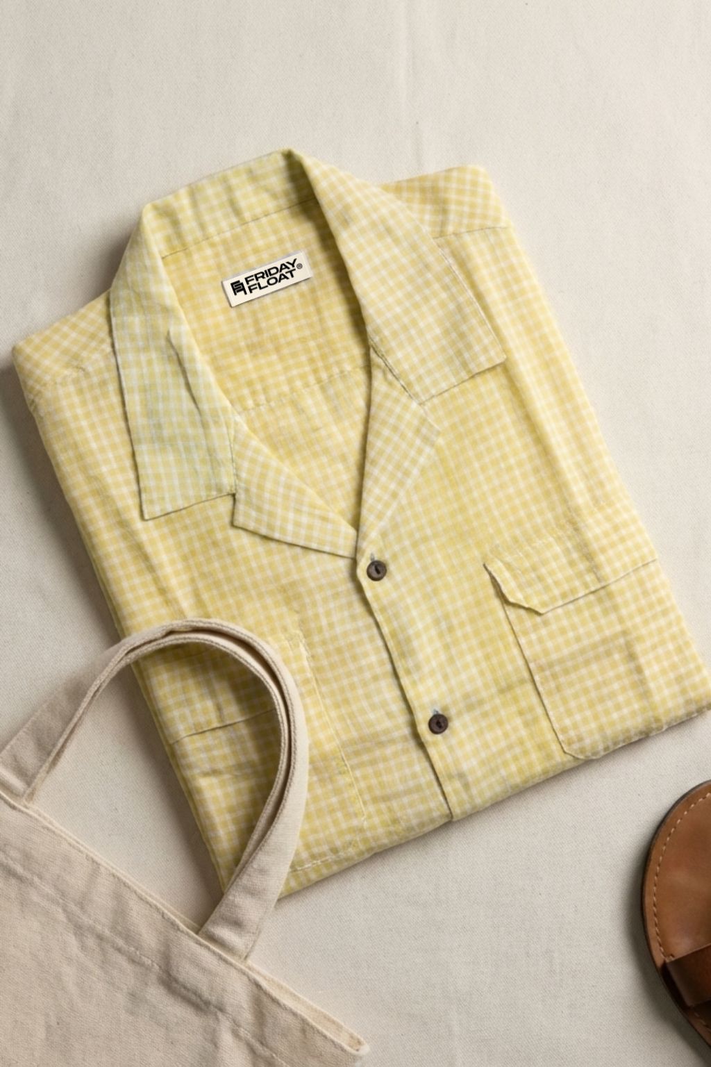Yellow Mini Gingham Cuban Collar Cotton Shirt for Men - Image 4