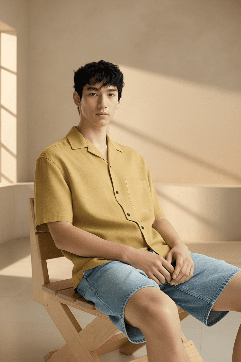 Mustard Beige Linen Cuban Collar Shirt