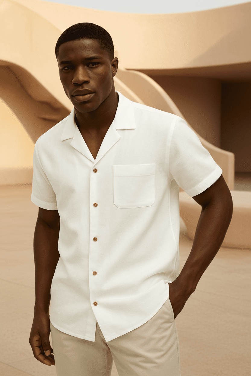 White Linen Cuban Collar Shirt