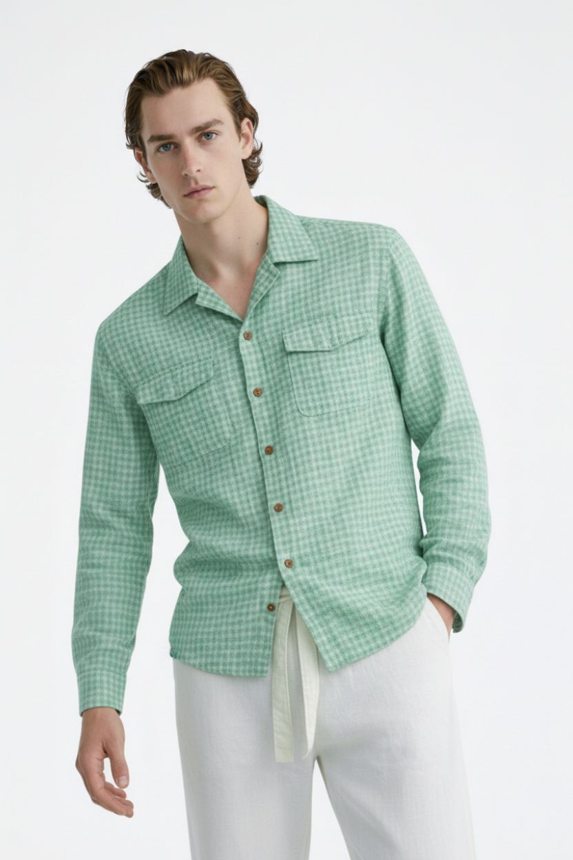 Mint Green Micro Check Cuban Collar Shirt