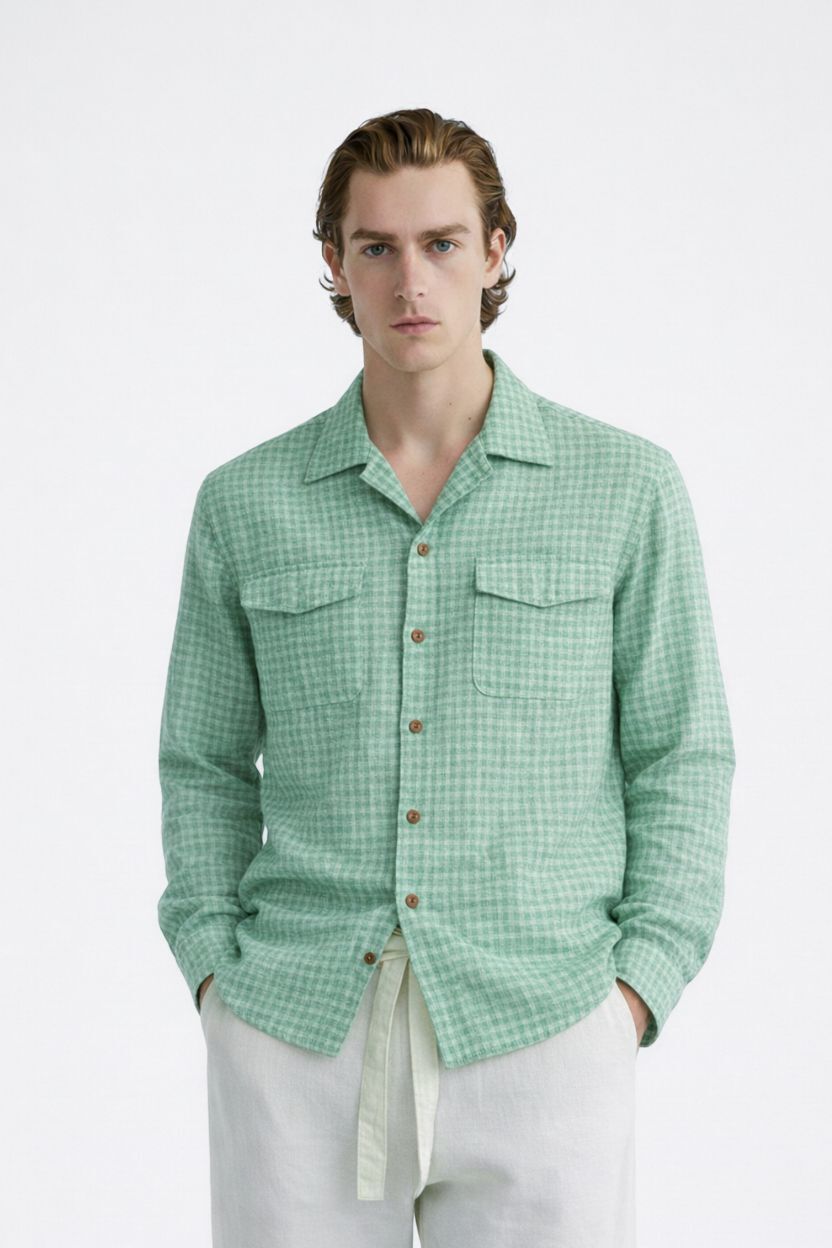 Mint Green Micro Check Cuban Collar Shirt - Image 2
