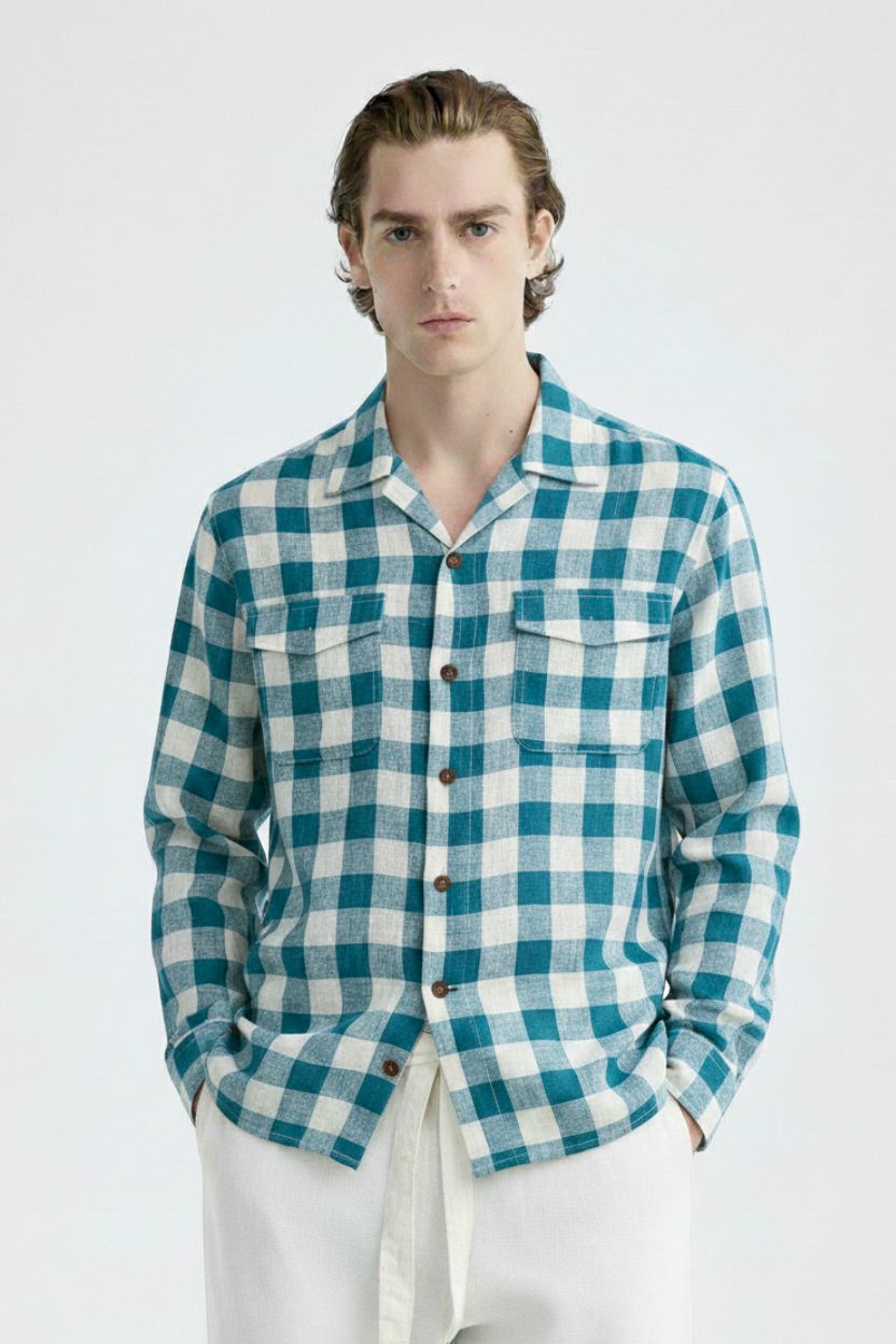 Teal Blue Large Check Cuban Collar Shirt - Image 2