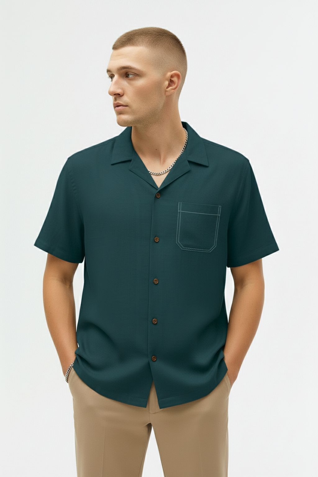 Forest Green Linen Cuban Collar Shirt - Image 2