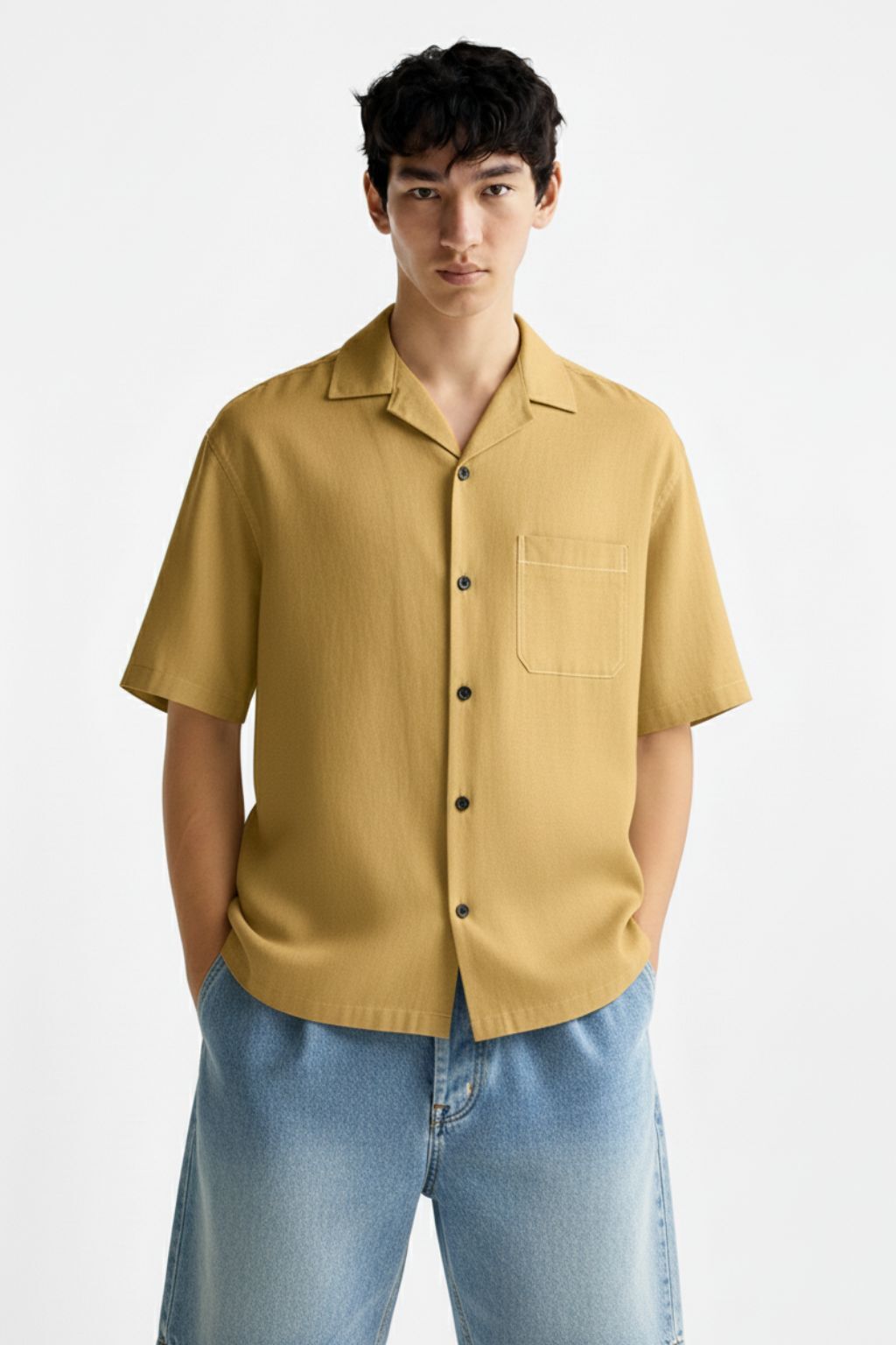 Mustard Beige Linen Cuban Collar Shirt - Image 3