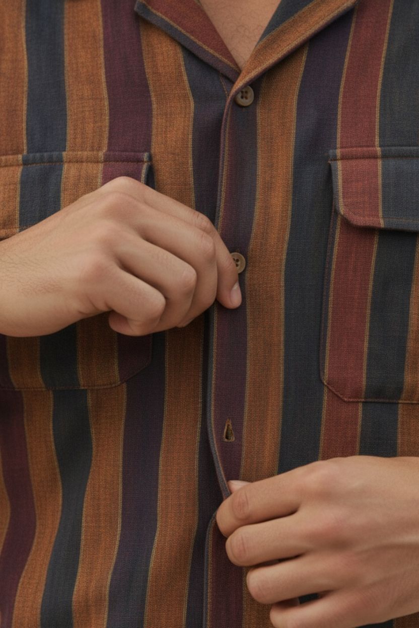 Earth Stripe Cuban Shirt Full Sleeve Double Flap Pocket - Image 2